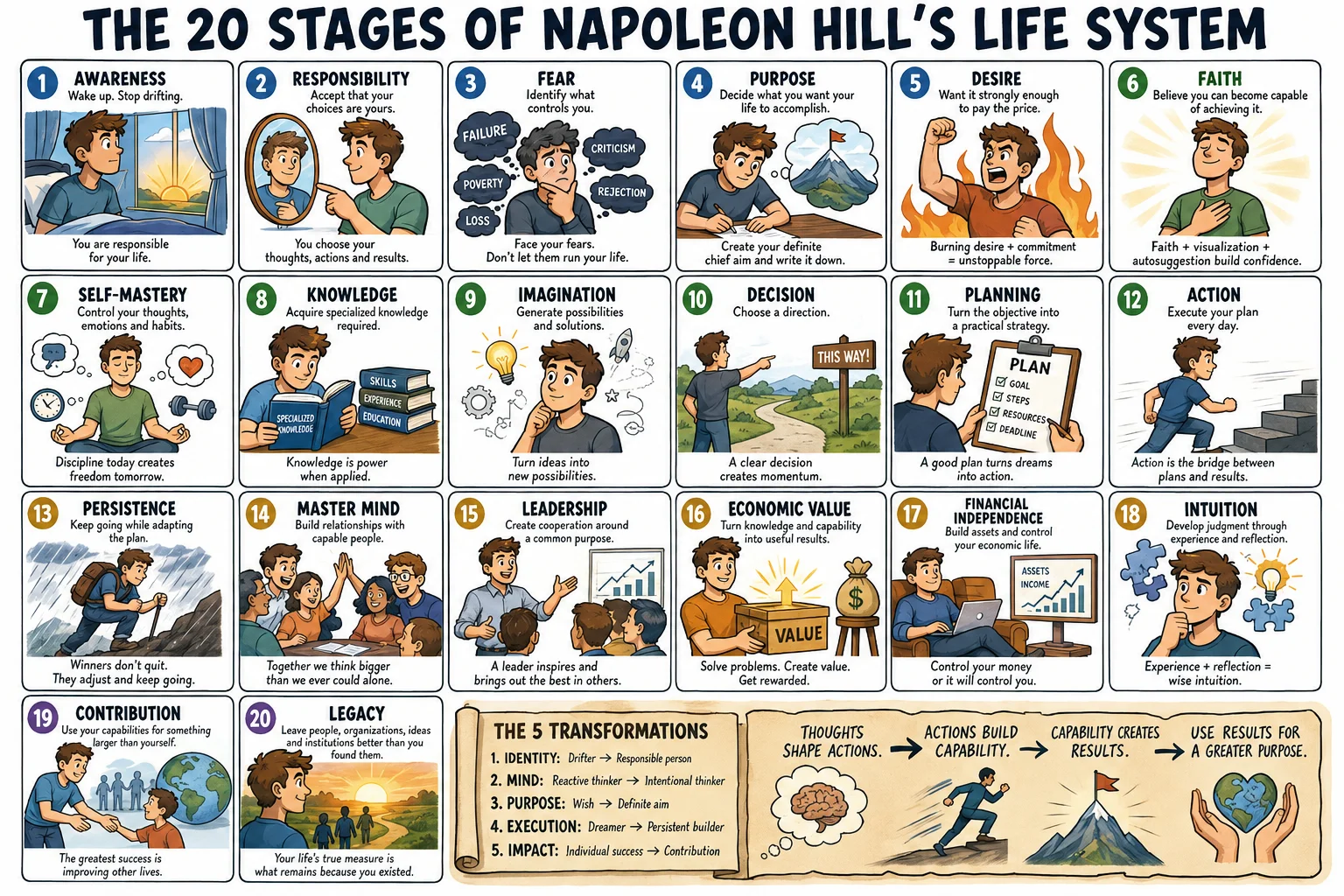 An earlier 20-stage sketch of Napoleon Hill's Life System, since refined into the stages below.